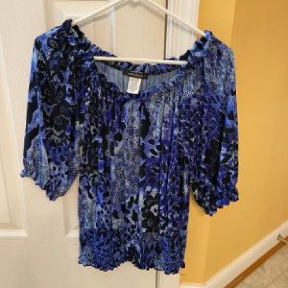 Balloon Sleeve, S/S Blue and Black Top